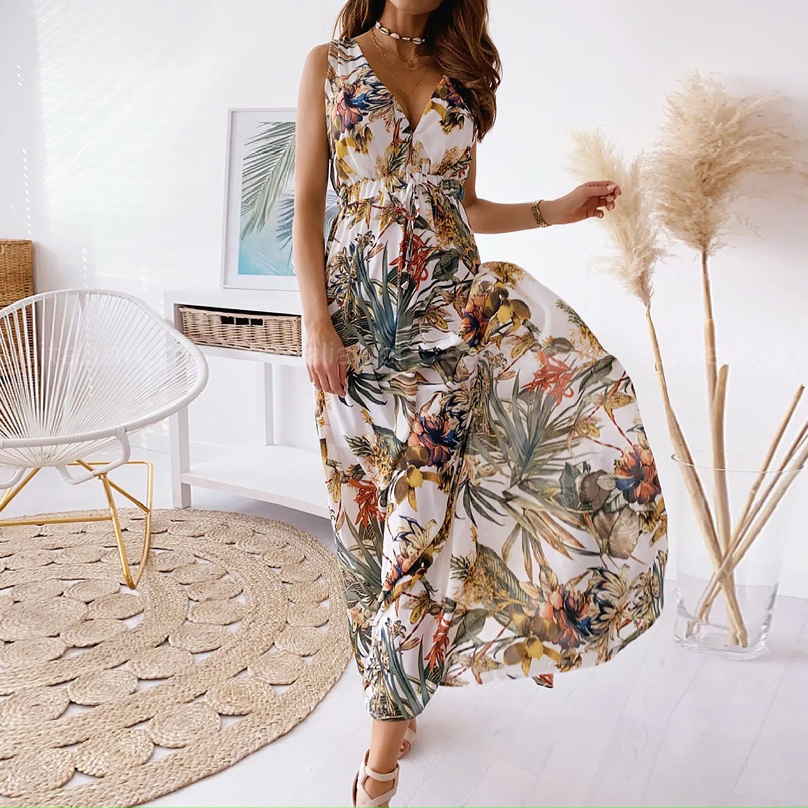 Y2K Floral Print Halter Maxi Dress - Coquette Aesthetic Summer Beach Wedding Outfit