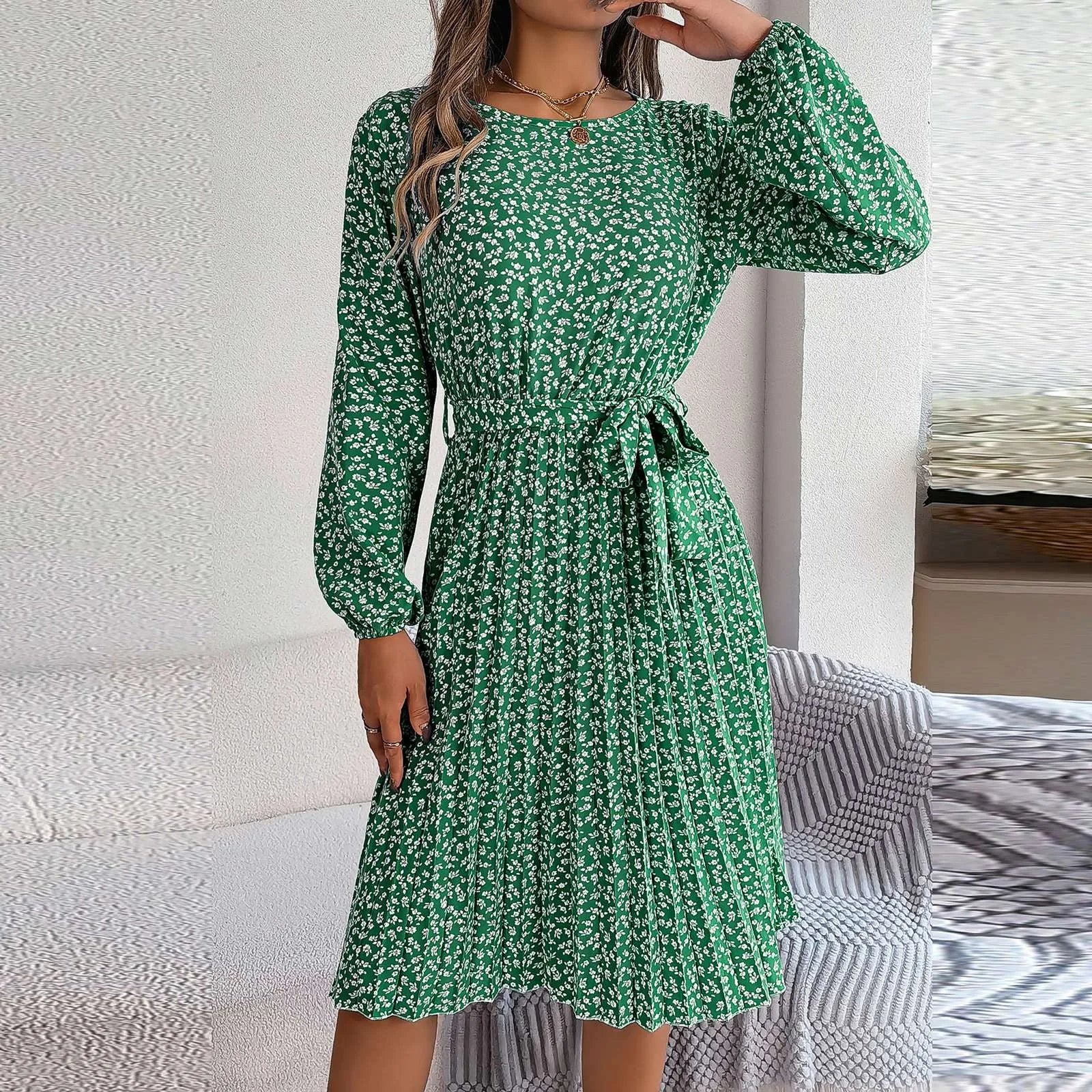 Y2K Floral Print Pleated Midi Dress - Retro Aesthetic Long Sleeve Casual Dress for Coquette Style