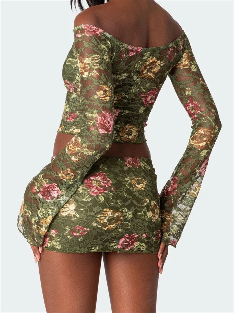 Y2K Floral Ruched Off-Shoulder Top & Mini Skirt Set - Coquette & Grunge Aesthetic Outfit