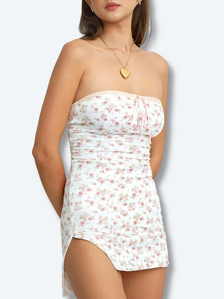 Y2K Floral Tube Mini Dress - Cute Summer Outfit, Coquette Aesthetic, 90s Style Fashion