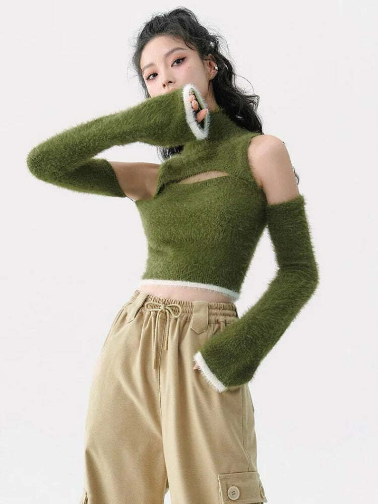 Y2K Fluffy Cut Out Crop Sweater Top - Trendy 90s Grunge Aesthetic for Summer Outfits