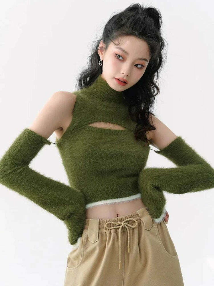 Y2K Fluffy Cut Out Crop Sweater Top - Trendy 90s Grunge Aesthetic for Summer Outfits