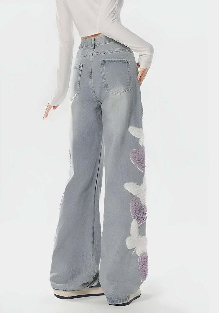 Y2K Fluffy Heart Butterfly Baggy Jeans - Trendy Grunge Aesthetic Summer Outfit