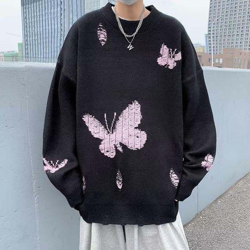 Y2K Grunge Aesthetic Butterfly Distressed Knitted Sweater for Trendy Summer Outfits