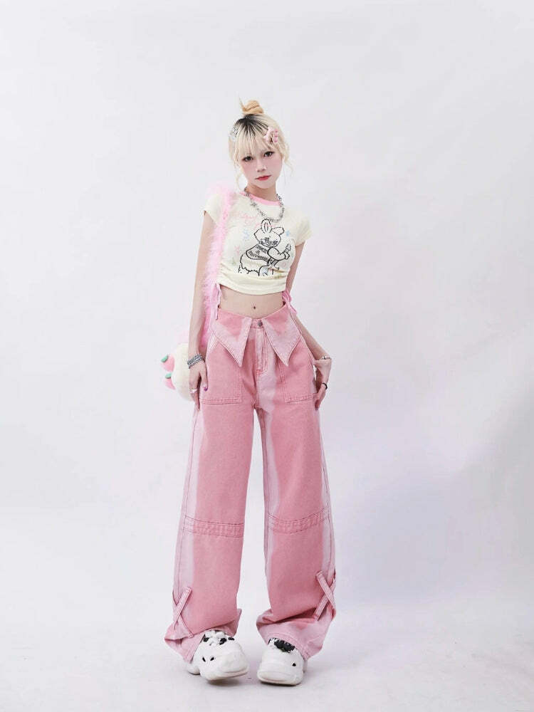 Y2K Grunge Aesthetic Folded Waist Baggy Jeans for Trendy Summer Outfits & Cute Looks