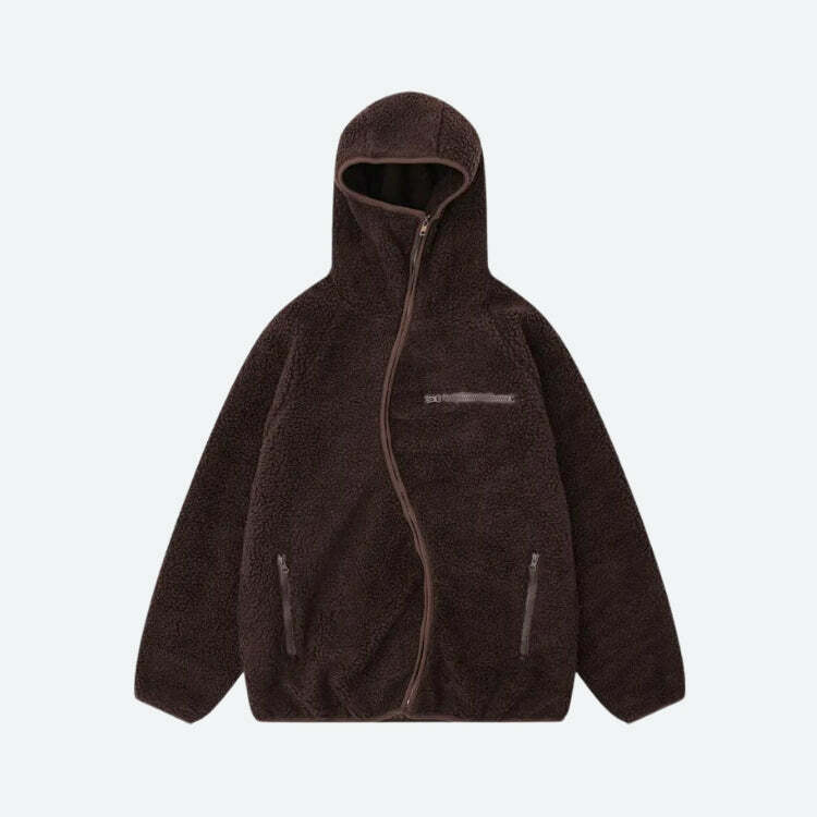 Y2K Grunge Aesthetic Funnel Neck Zip-Up Teddy Hoodie for Cozy Summer Outfits