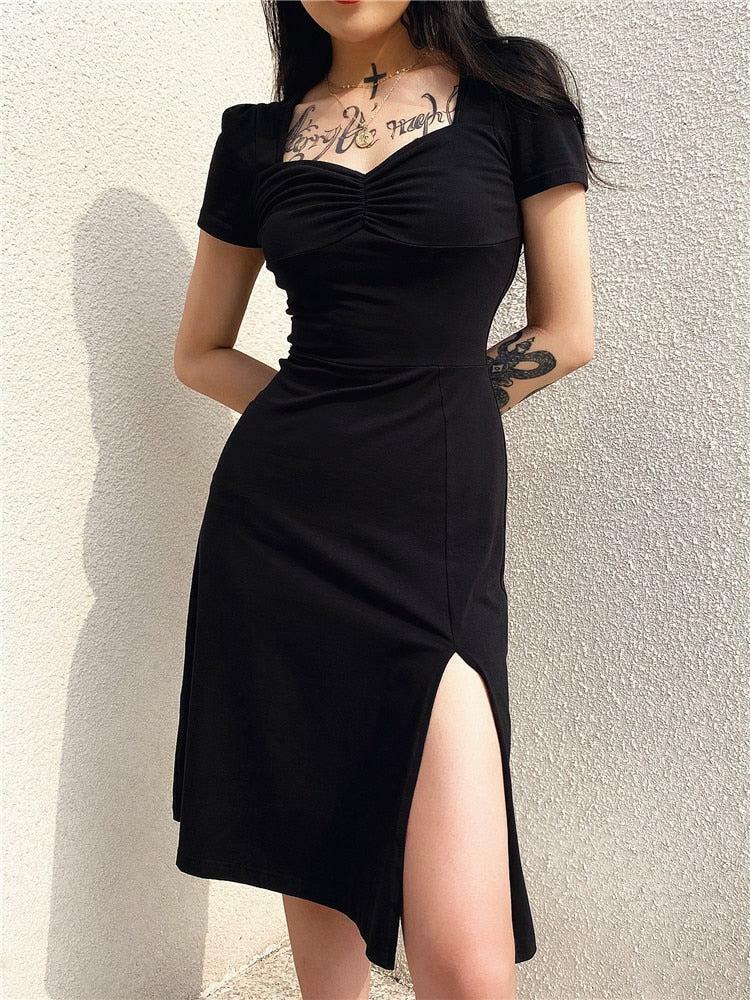 Y2K Grunge Aesthetic Leg Split Midi Dress - Vintage 90s Style for Summer Outfits