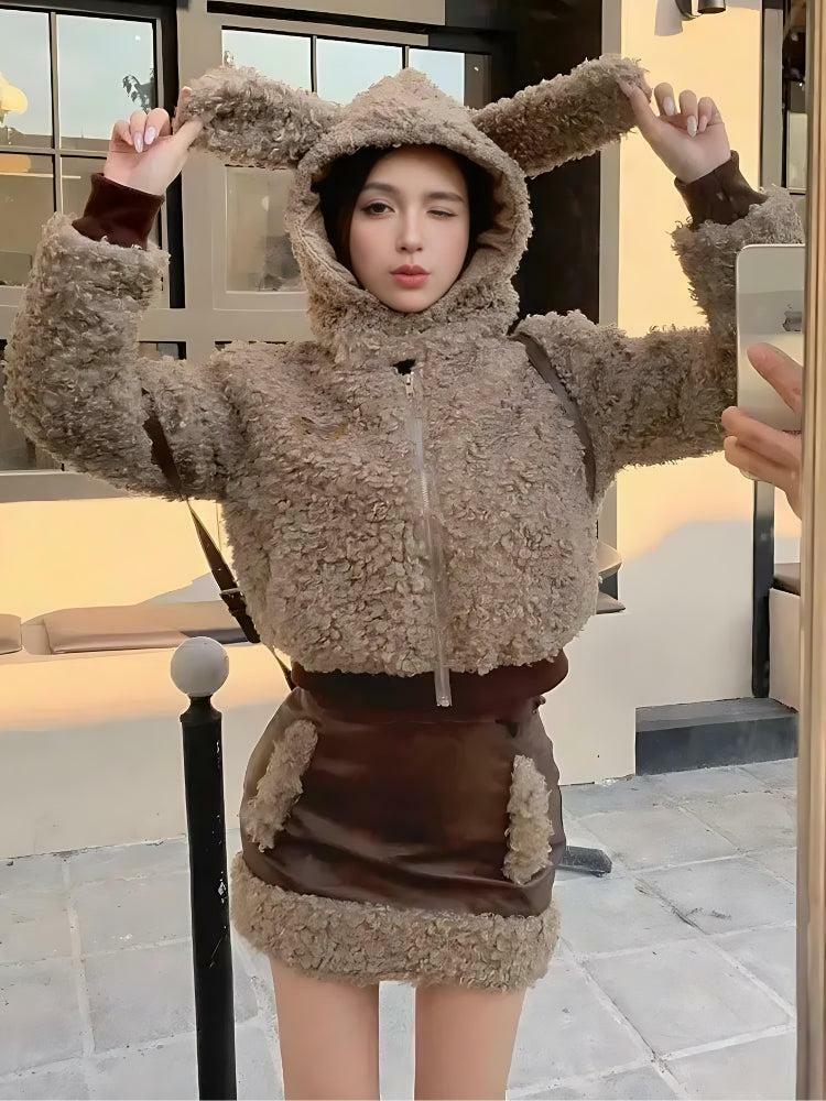 Y2K Grunge Aesthetic Rabbit Hood Teddy Two Piece Set - Cute Summer Outfit Ideas