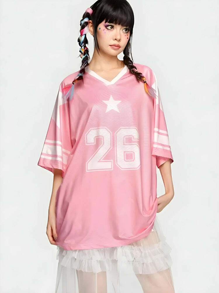 Y2K Grunge Aesthetic Soft Girl Star 26 Jersey Top - Vintage 90s Fashion Tee for Summer Outfits