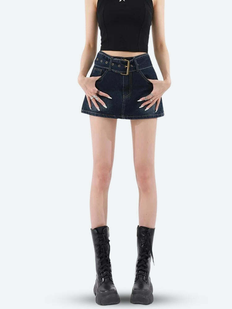 Y2K Grunge Belted Denim Mini Skirt - Vintage 90s Aesthetic Summer Outfit Essential