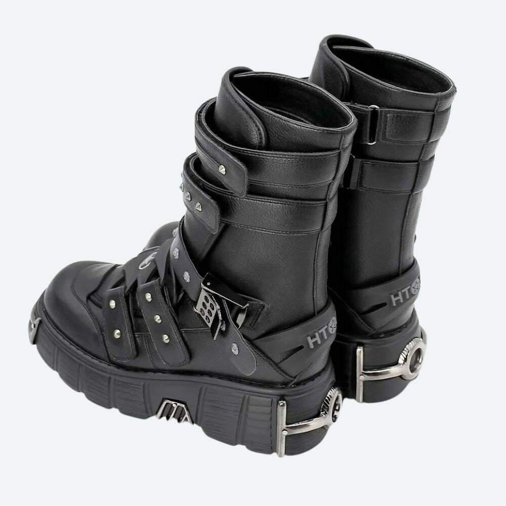 Y2K Grunge Chunky Platform Boots with Velcro Straps for 2000s Fashion Aesthetic