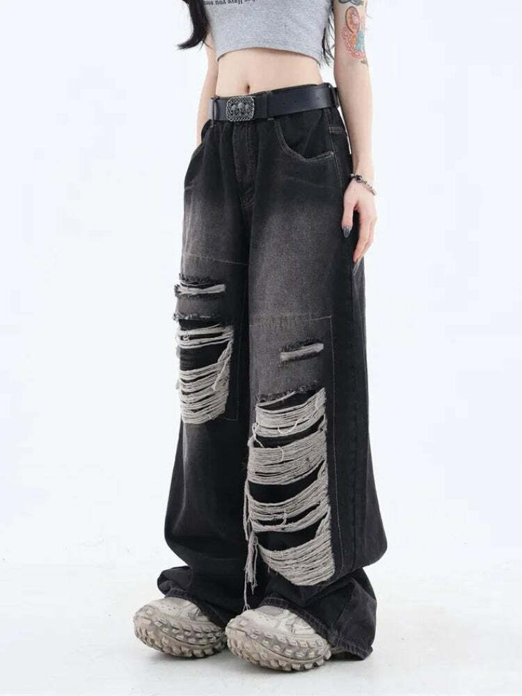 Y2K Grunge Dark Wash Distressed Baggy Jeans for Vintage 90s Aesthetic Outfits