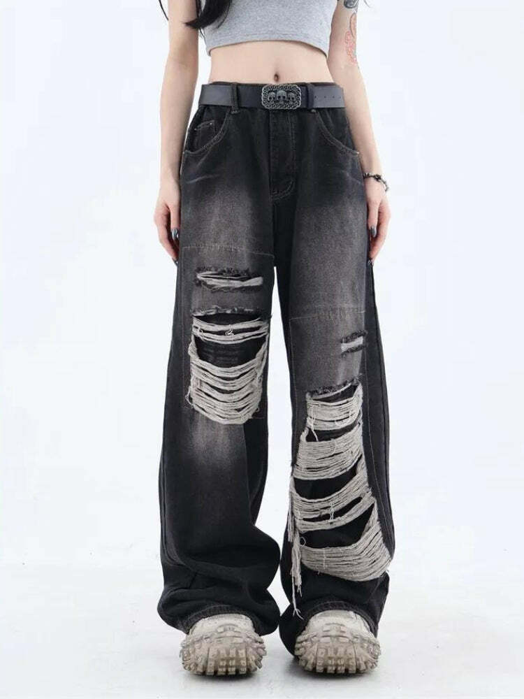 Y2K Grunge Dark Wash Distressed Baggy Jeans for Vintage 90s Aesthetic Outfits