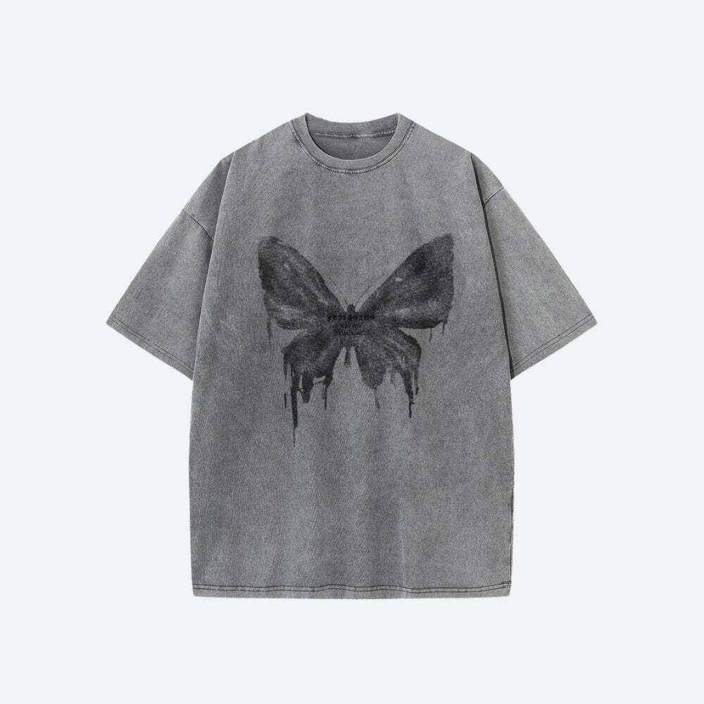 Y2K Grunge Distressed Butterfly Tee - Vintage 90s Aesthetic Top for Trendy Outfits