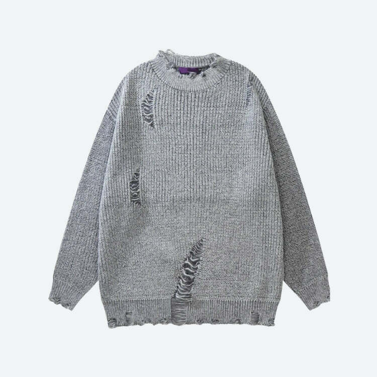 Y2K Grunge Distressed Knitted Sweater - Vintage 90s Aesthetic for Effortless Style