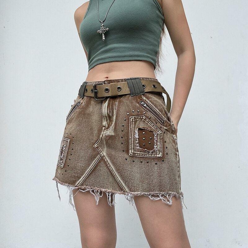 Y2K Grunge Distressed Patchwork Mini Skirt - Vintage 90s Aesthetic Summer Outfit