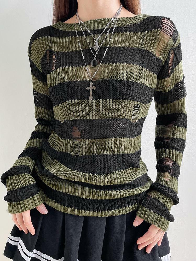 Y2K Grunge Distressed Striped Sweater - Vintage 90s Aesthetic for Effortless Summer Style