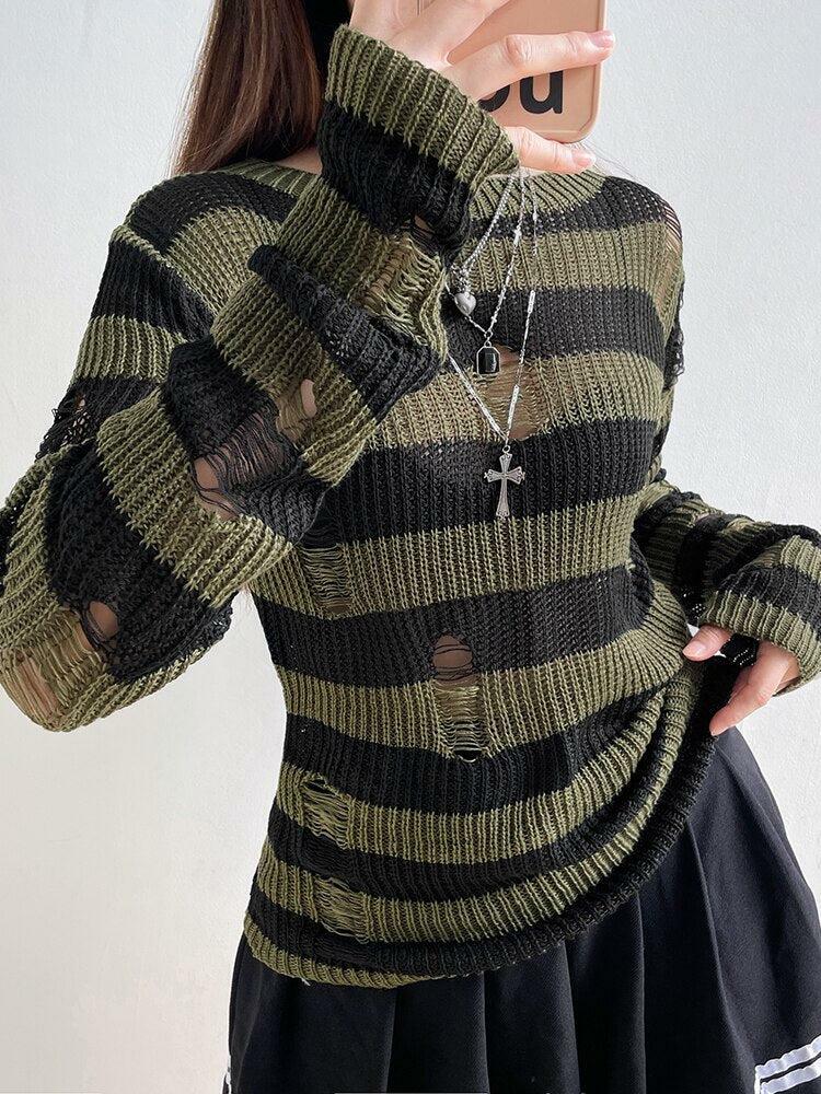 Y2K Grunge Distressed Striped Sweater - Vintage 90s Aesthetic for Effortless Summer Style