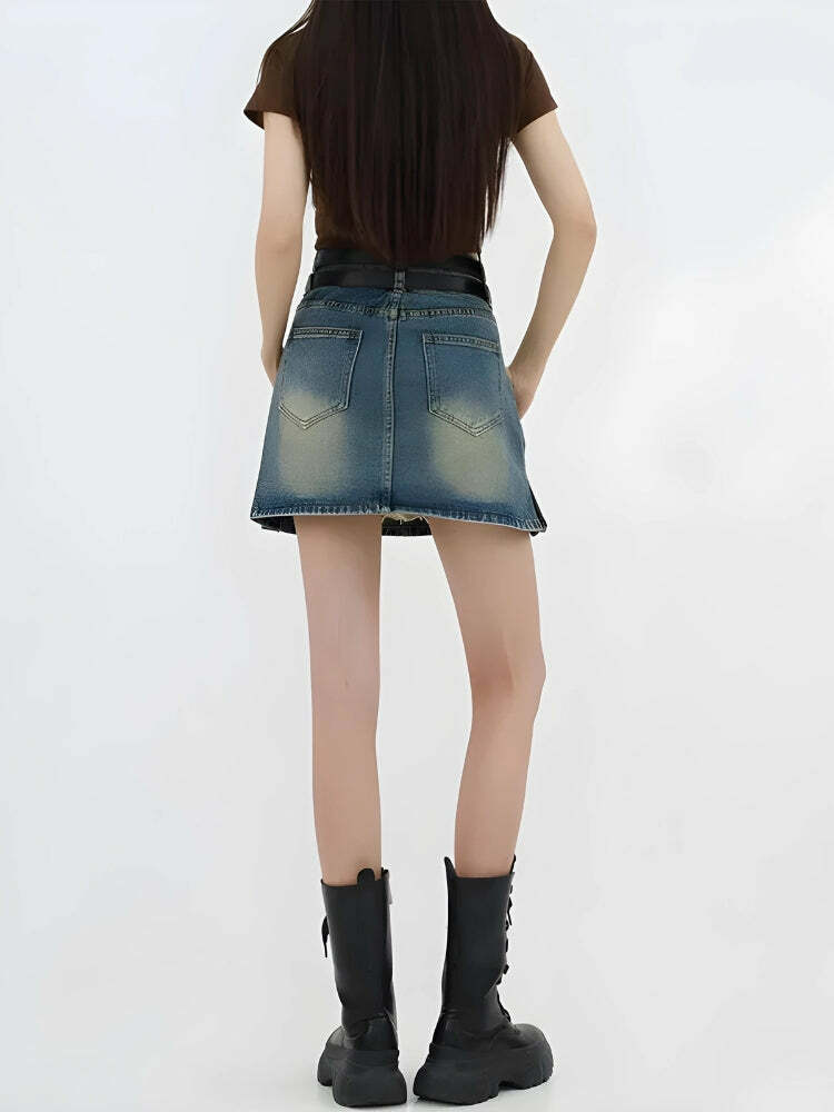 Y2K Grunge Double Belt Loop Denim Mini Skirt - Vintage 90s Aesthetic Summer Outfit