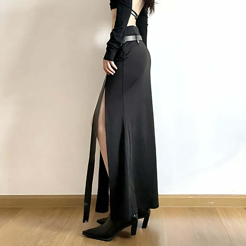 Y2K Grunge Double Slit Maxi Skirt - 90s Fashion Statement for Summer Outfits & Aesthetic Looks