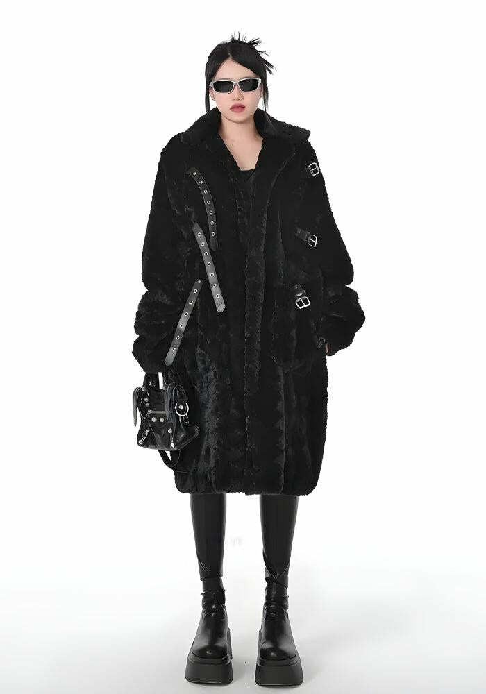 Y2K Grunge Faux Fur Long Jacket for Aesthetic Summer Outfits & 90s Fashion Vibes