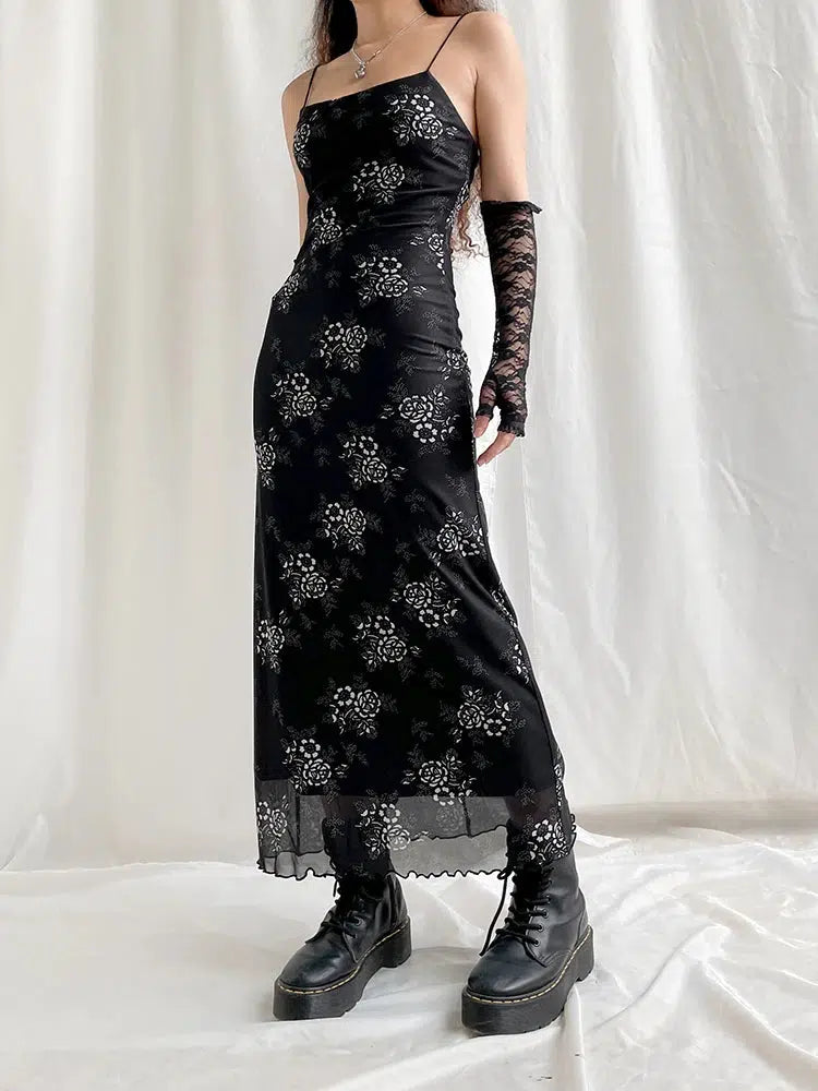 Y2K Grunge Floral Mesh Midi Dress - Vintage 90s Aesthetic Summer Outfit for Trendy Looks