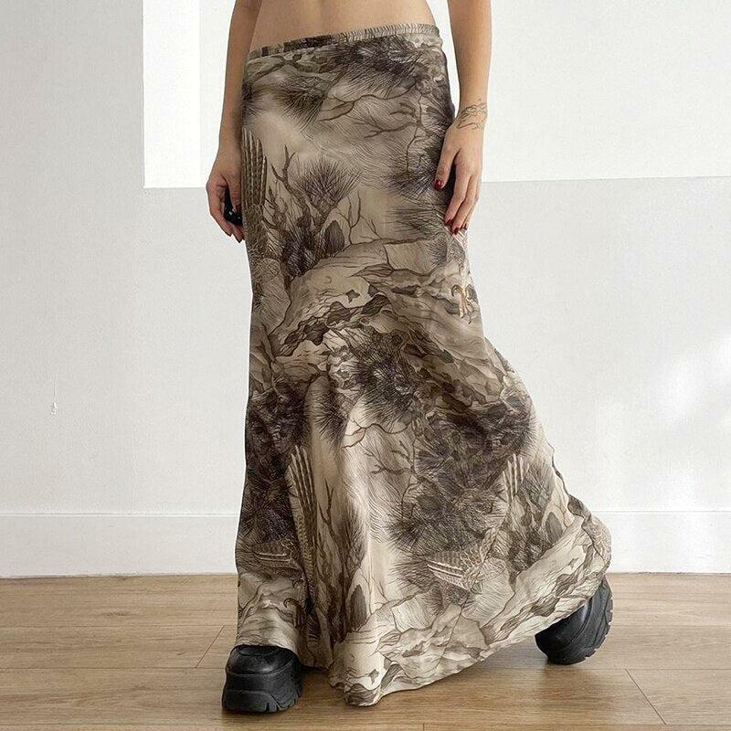 Y2K Grunge Forest Maxi Skirt - Vintage 90s Aesthetic, Flowy Summer Outfit, Boho Style