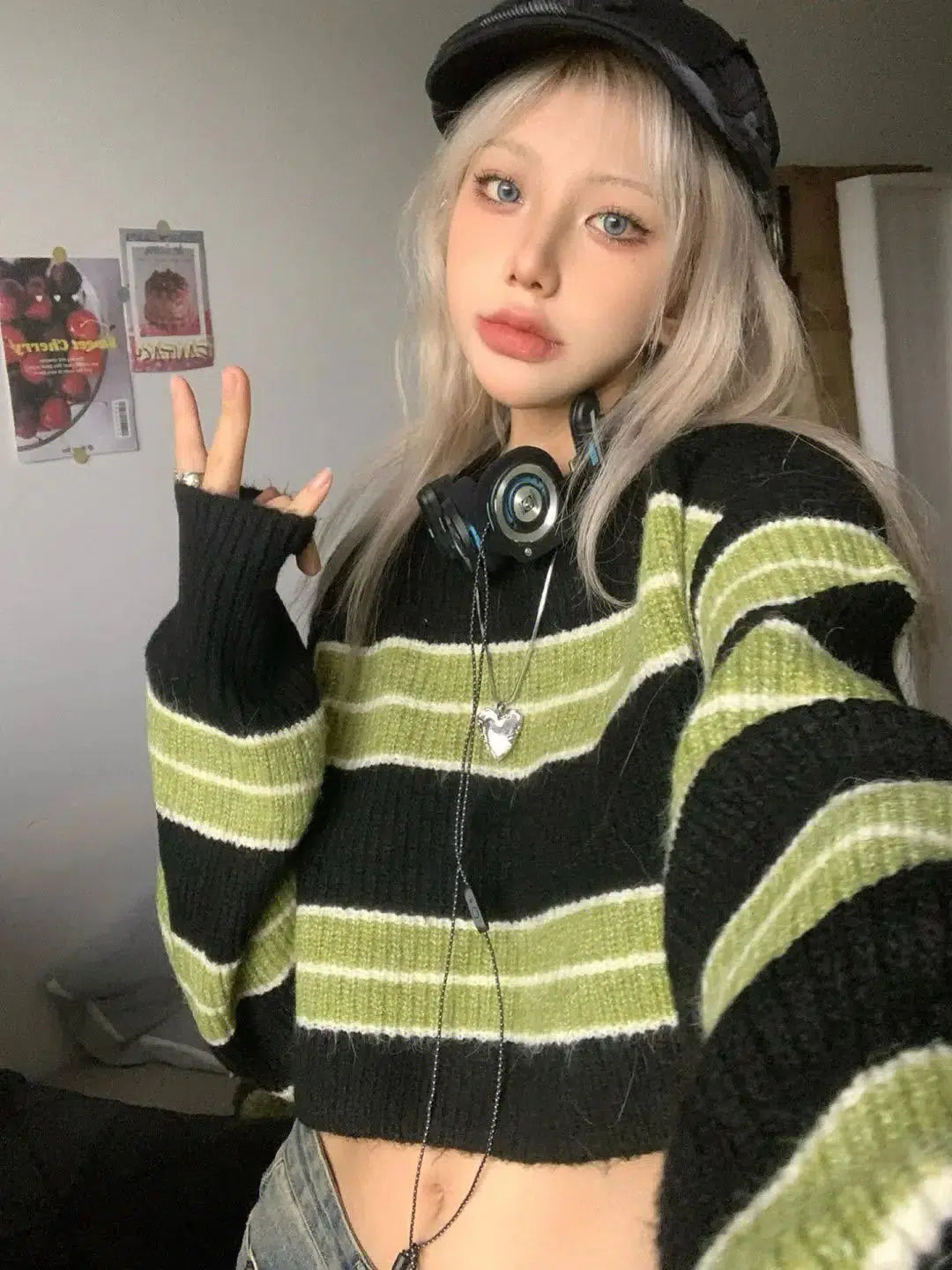 Y2K Grunge Green Striped Crop Sweater - Vintage 90s Aesthetic for Trendy Outfits