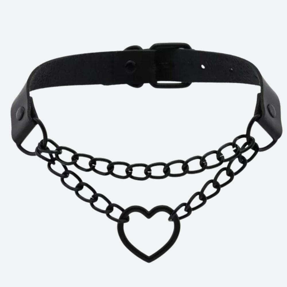 Y2K Grunge Heart Choker Necklace with Belted Detail - Perfect for 90s Aesthetic Outfits