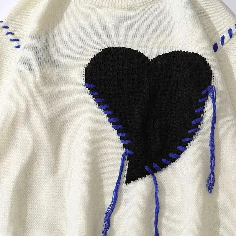 Y2K Grunge Heart Embroidered Sweater - Vintage 90s Aesthetic for Cute Outfits & Summer Vibes