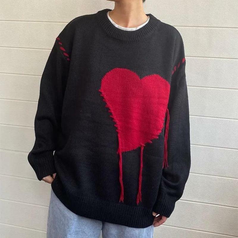 Y2K Grunge Heart Embroidered Sweater - Vintage 90s Aesthetic for Cute Outfits & Summer Vibes