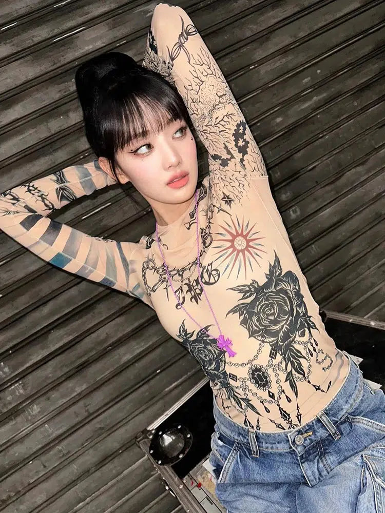 Y2K Grunge Mesh Tattoo Top - Trendy 90s Aesthetic Crop for Summer Outfits & Party Looks