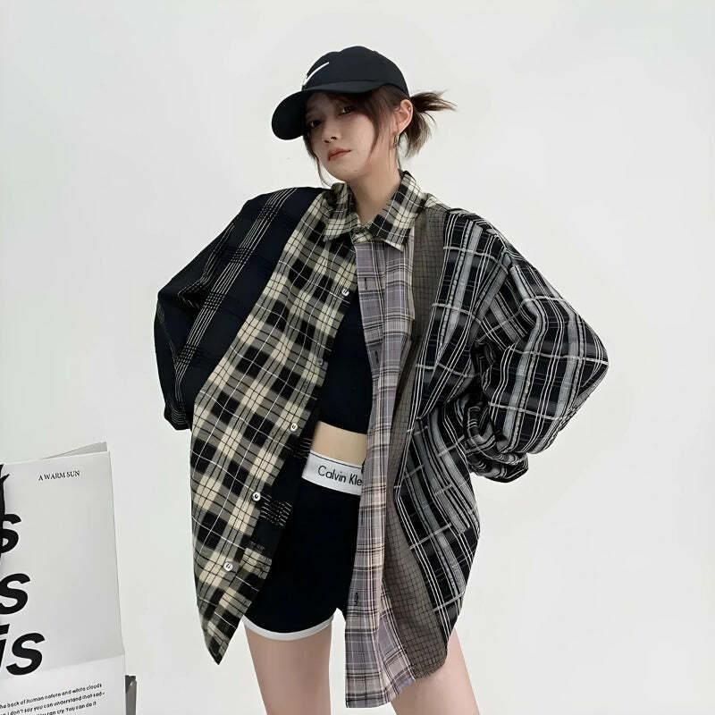 Y2K Grunge Multi-Pattern Plaid Shirt - Vintage 90s Aesthetic for Effortless Summer Style