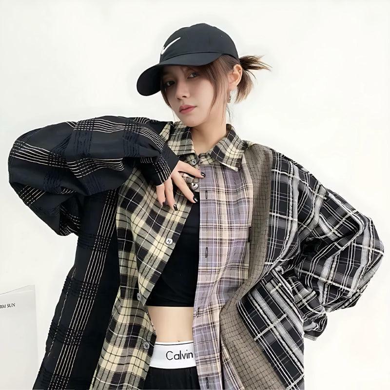 Y2K Grunge Multi-Pattern Plaid Shirt - Vintage 90s Aesthetic for Effortless Summer Style