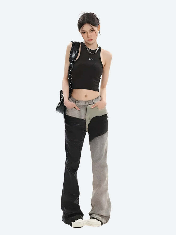 Y2K Grunge Patchwork Flare Pants - Vintage 90s Aesthetic Cargo Style for Trendy Outfits