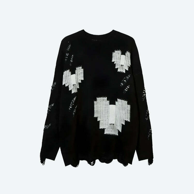 Y2K Grunge Pixel Hearts Knitted Sweater - Retro 90s Aesthetic for Trendy Outfits