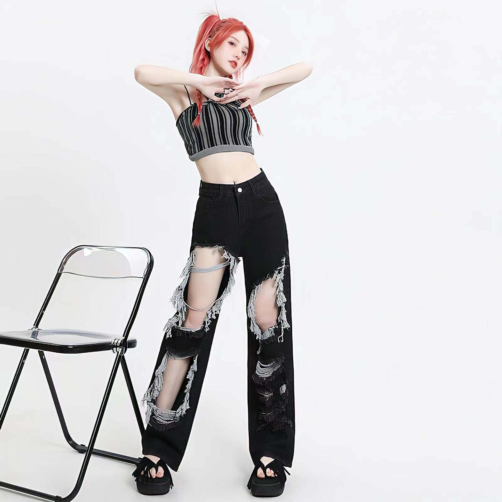 Y2K Grunge Ripped Wide Leg Jeans - Vintage 90s Style for Effortless Summer Outfits