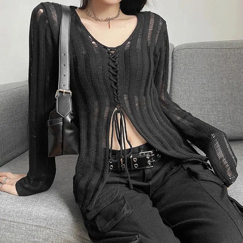 Y2K Grunge Sheer Lace-Up Knitted Top - Vintage 90s Aesthetic for Effortless Summer Style