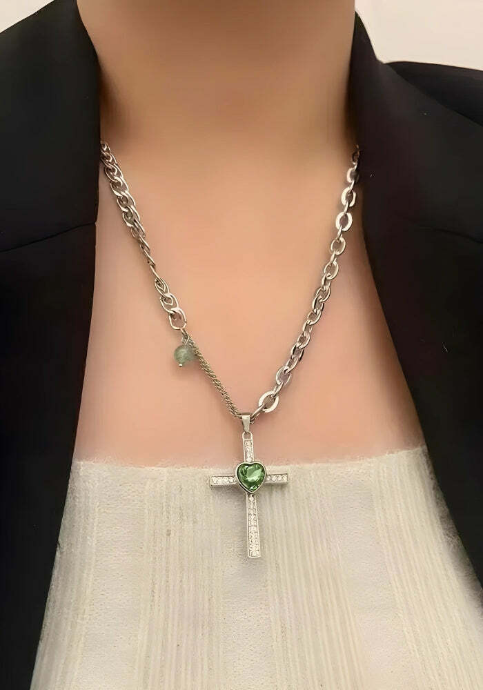 Y2K Grunge Shiny Heart Cross Necklace - Vintage 90s Aesthetic Jewelry for Trendy Outfits