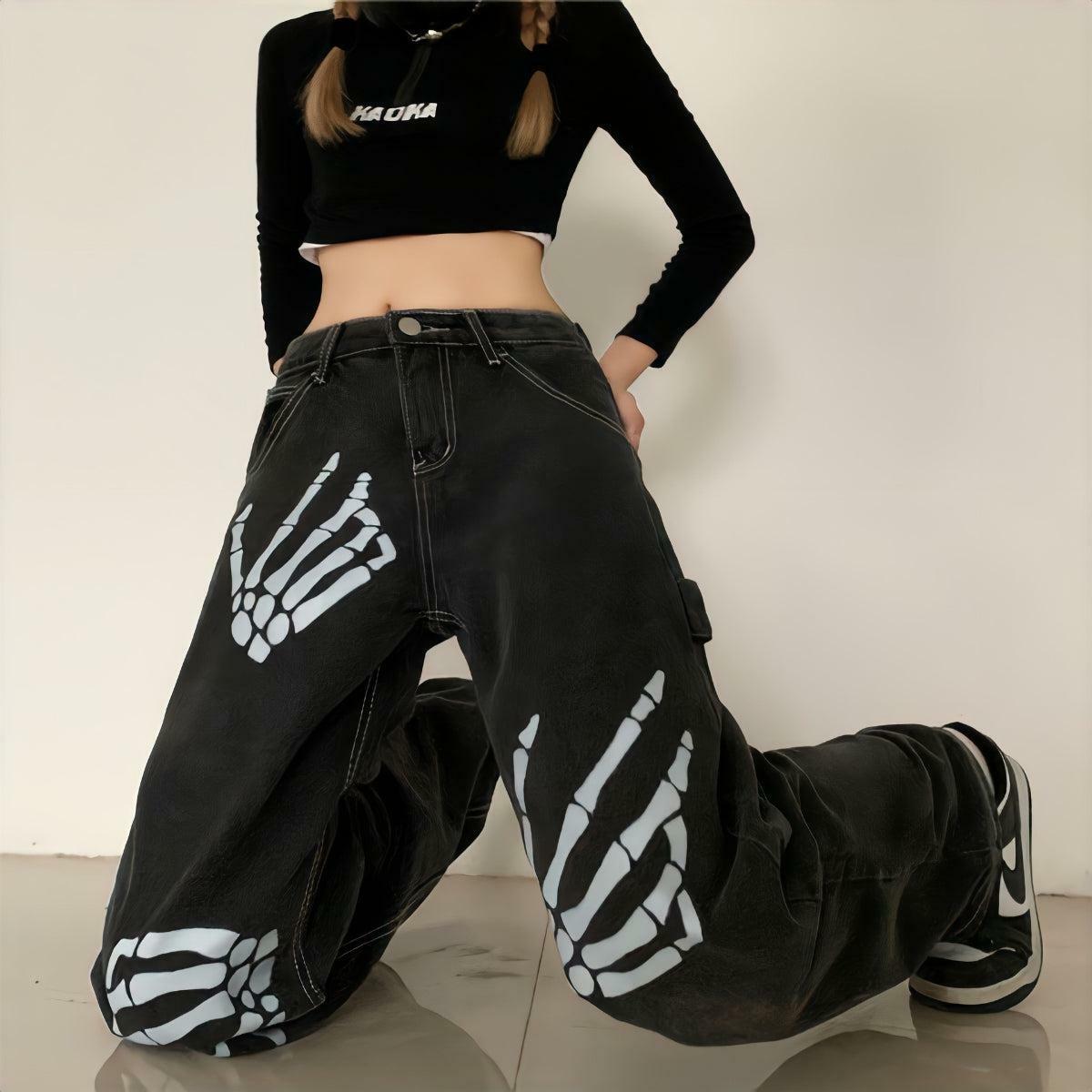 Y2K Grunge Skeleton Hand Printed Baggy Jeans for Trendy Summer Outfits and Aesthetic Looks