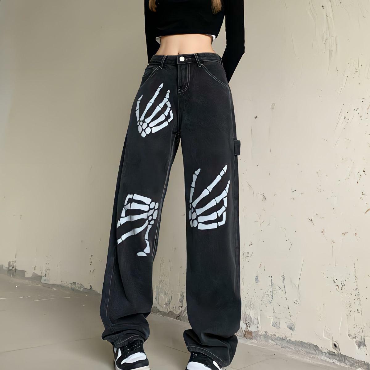 Y2K Grunge Skeleton Hand Printed Baggy Jeans for Trendy Summer Outfits and Aesthetic Looks