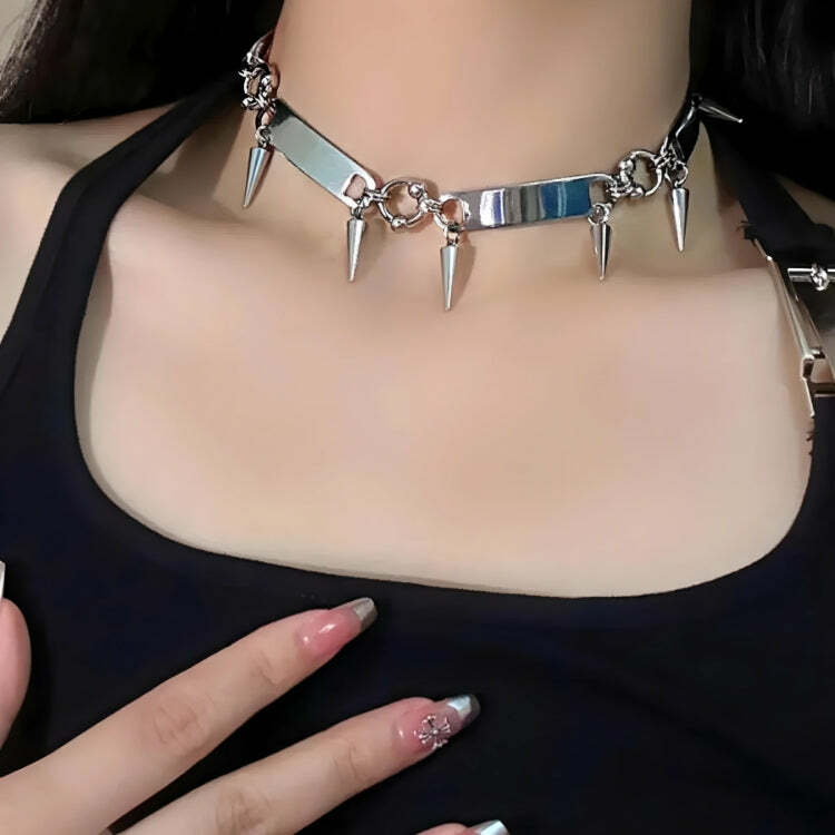 Y2K Grunge Spiked Metal Choker - 90s Fashion Statement for Aesthetic Outfits & Summer Looks