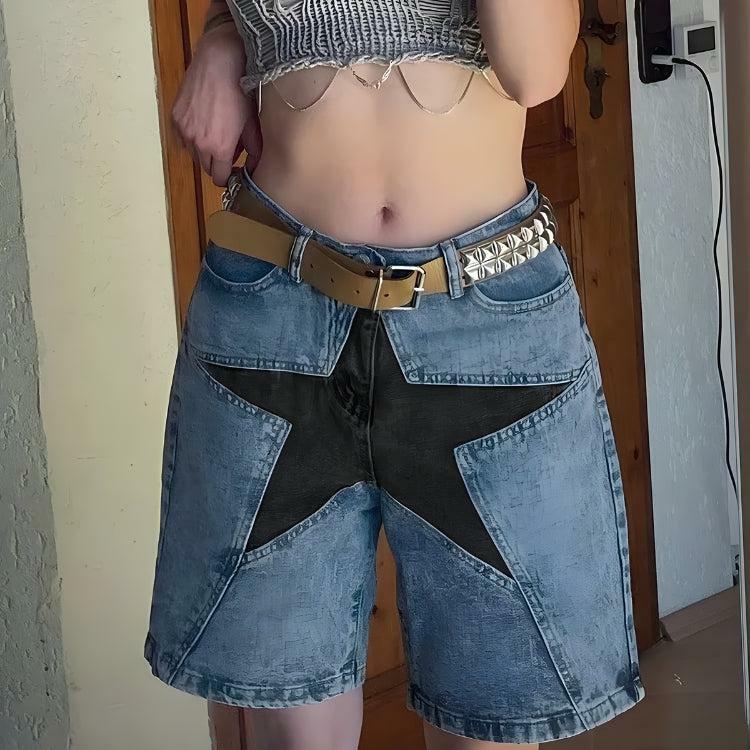 Y2K Grunge Star Jean Shorts - Vintage 90s Aesthetic Summer Outfit for Trendy Looks