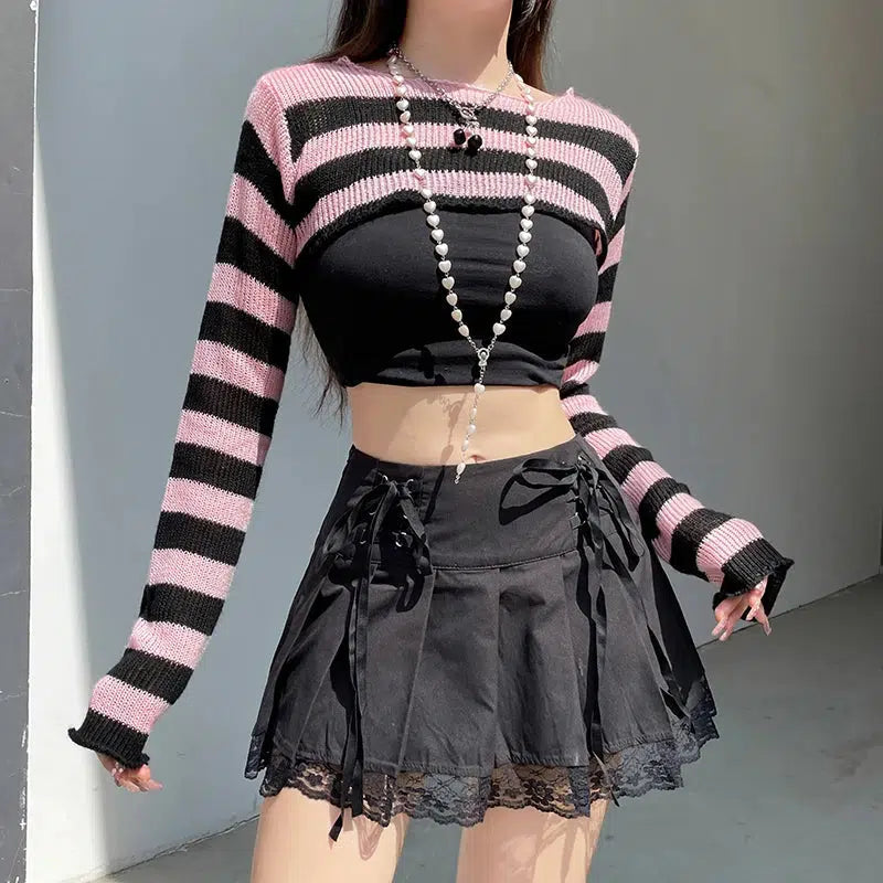 Y2K Grunge Striped Knitted Shrug Sweater for Aesthetic Summer Outfits and 90s Fashion