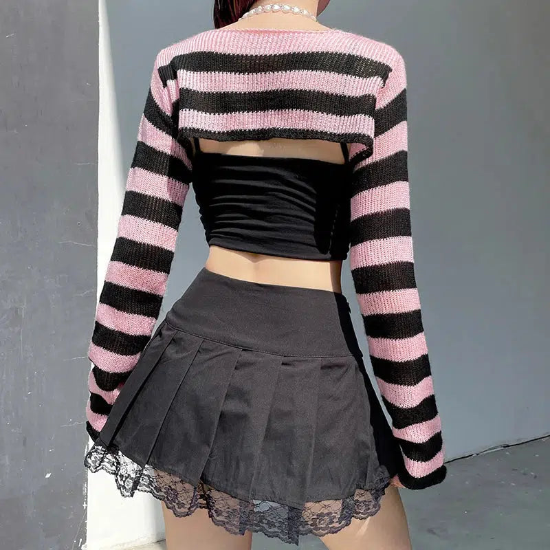 Y2K Grunge Striped Knitted Shrug Sweater for Aesthetic Summer Outfits and 90s Fashion