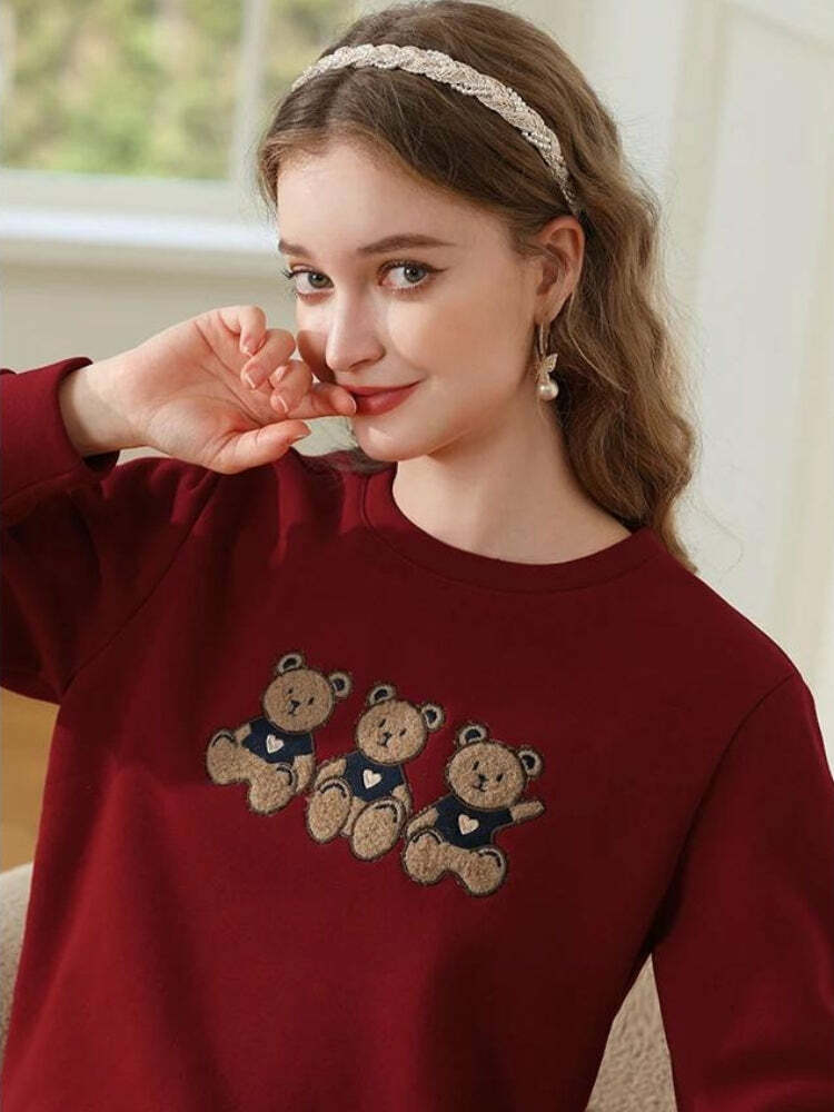 Y2K Grunge Teddy Bears Embroidered Sweatshirt - Cute Vintage Aesthetic for 2000s Fashion