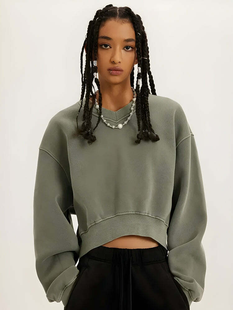 Y2K Grunge V-Neck Drop Shoulder Cropped Sweatshirt for Trendy Summer Outfits