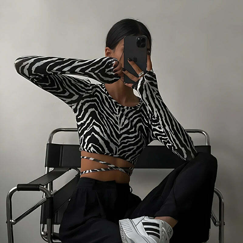 Y2K Grunge Zebra Backless Crop Top - Trendy Summer Outfit for a Chic Aesthetic Look