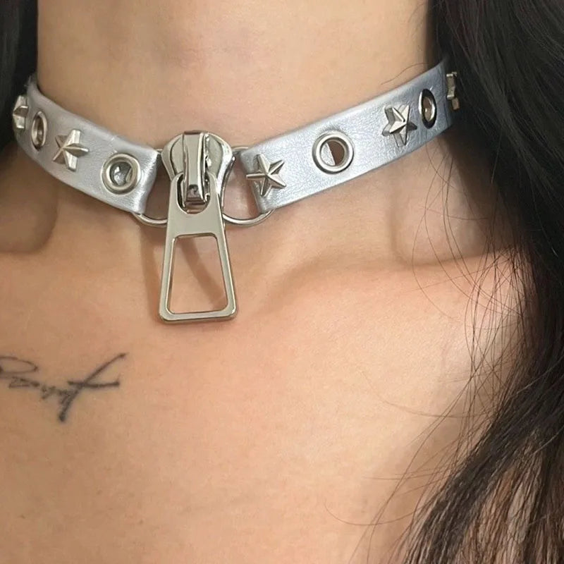 Y2K Grunge Zip Pendant Choker Necklace - Vintage 90s Aesthetic Jewelry for Trendy Outfits