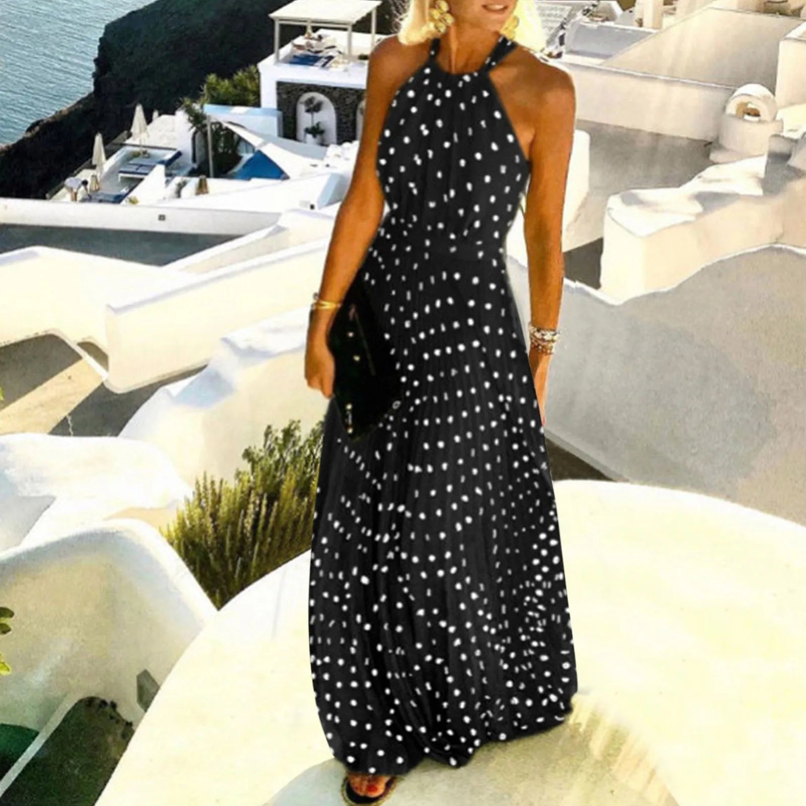 Y2K Halter Polka Dot Pleated Dress - Backless Zipper Summer Aesthetic Outfit for 2024